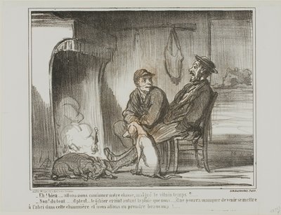 "- Now what? Are we going to continue hunting during the rain? - Not at all! The animals are just as afraid of the rain as we are. They might not be able to find this shelter, and we would end up losing too many of them!", plate 5 from Croquis De Chasse by Honoré Victorin Daumier
