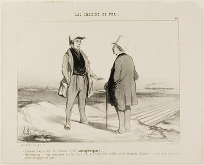 “- What do you mean, there are soon going to be air trains? - But of course, Monsieur... you see, it will then be very easy to establish a connection between Dover and Calais... but of course, the project is still suspended in air,” plate 14 from The Railr by Honoré Victorin Daumier