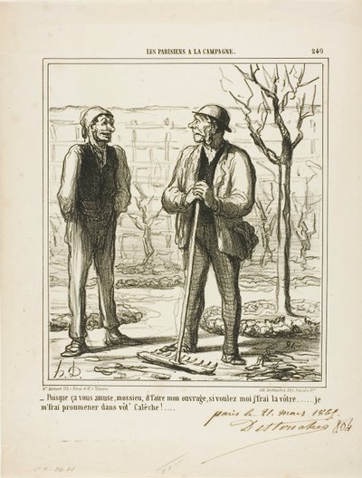"You seem to enjoy doing my work. In exchange, I could offer doing your job: I will go for a ride in your coach!" plate 249 from Les Parisiens A La Campagne by Honoré Victorin Daumier