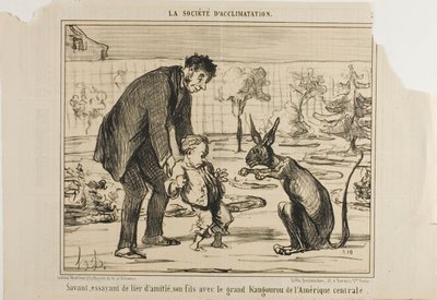 A Scientist Trying to Befriend his Son with a Great Kangaroo from Central America, plate 3 from The Society of Acclimatization by Honoré Victorin Daumier