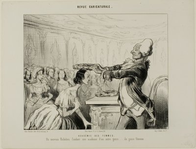 Academy of Women. A new Richelieu, founding a new Academy of a different kind.... of the feminine gender, plate 33 from Revue Caricatureale by Honoré Victorin Daumier