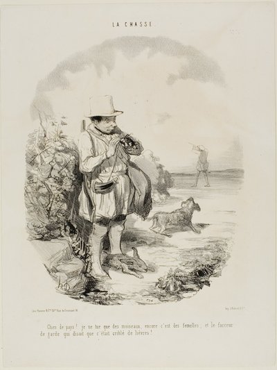 “Damn country! I only shoot sparrows.... and just females... and this ingenious guard insisted the place is full of rabbits,” plate 5 from La Chasse by Honoré Victorin Daumier