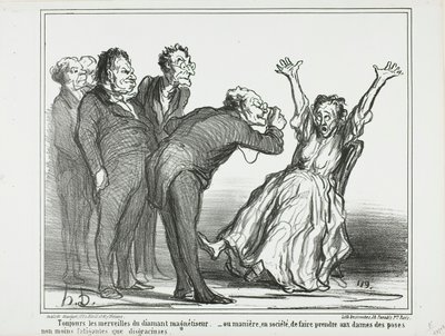 More marvels from the diamond hypnotist. Or, how to make the ladies pose in society in exhausting and not very gracious positions, plate 137 from Actualités by Honoré Victorin Daumier