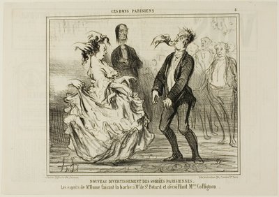 New Entertainment at the Parisian Evening Parties. The spirit of Mr. Hume shaving the beard of Monsieur de St. Potard and undoing the hair of Madame Coffignon, plate 8 from Ces Bons Parisiens by Honoré Victorin Daumier