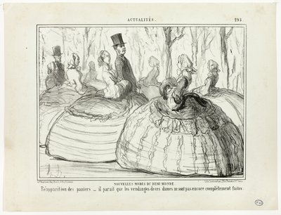 New Fashion of the Half-World. Reappearance of the baskets – it seems that these ladies are not yet quite done with their harvest, plate 295 from Actualités by Honoré Victorin Daumier