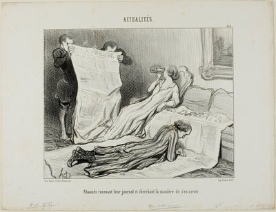 Subscribers Trying to Cope with Their Paper, plate 115 from Actualités by Honoré Victorin Daumier