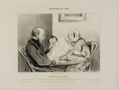 The Subscriber and His Newspaper. "- Listen darling, the first three columns of my morning paper are completely empty! It seems that they must have really said some nasty things. - May quite well be, but now that you mention it, to write nothing at all, I by Honoré Victorin Daumier