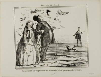 The Disadvantage of Shooting at Young Partridges with the New Explosive Bullets of Devisme, Plate 17 from Emotions of Hunting by Honoré Victorin Daumier