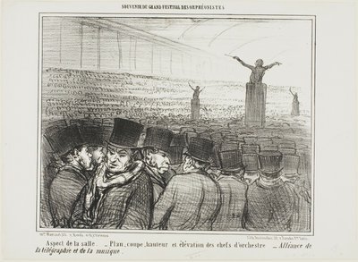 View of the grand hall. Map, height and view from front of the conductor. Grand alliance between telegraph and music, plate 1 from Souvenir Du Grand Festival Des Orphéonistes by Honoré Victorin Daumier