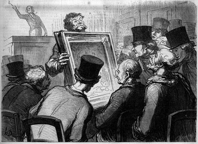 Painting Lovers at Hotel Bouillon. Cartoon by Honore Daumier. Engraving in "Le Monde Illustré" No. 250 of January 25 by Honore Daumier