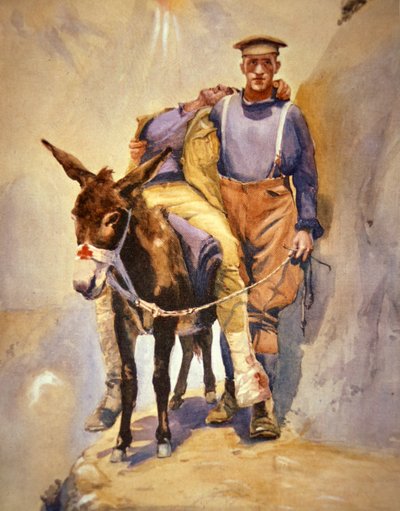 John Simpson Kirkpatrick of the 3rd Australian Field Ambulance who with his donkey rescued wounded soldiers at Gallipoli in 1915 by Horace Moore Jones