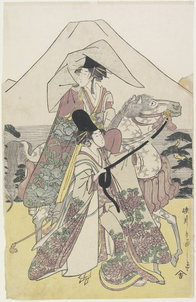 Two Women Traveling by Horse on the Foot of Mt. Fuji, c.1790s by Hosoda Eiri