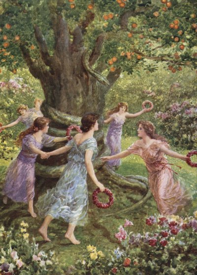 Perseus saw them dancing around the charmed tree. From How Perseus slew the Gorgon by Howard Davie