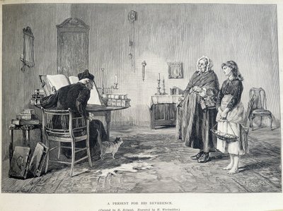 Two Irish women bring a present to a religious. Engraving by H. Werdmuller after the painting of H. Helmick in the 19th century by Howard Helmick
