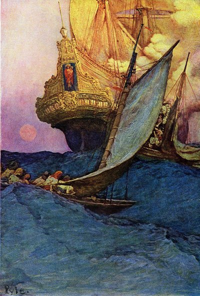 Attacking a galleon by pirates. Book of pirates Buccaneers and Marooners of the Spanish Main by Howard Pyle, American illustrator by Howard Pyle