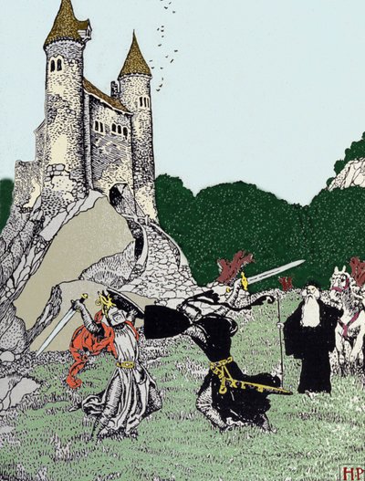 Battle between King Arthur and the black knight in the presence of Merlin the enchanter (Illustration by Howard Pyle) by Howard Pyle