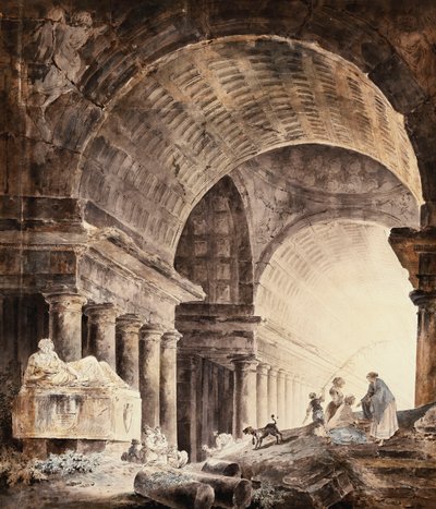 A Great Cross-Vaulted Building with Women and Children and a Dog by Broken Columns by Hubert Robert
