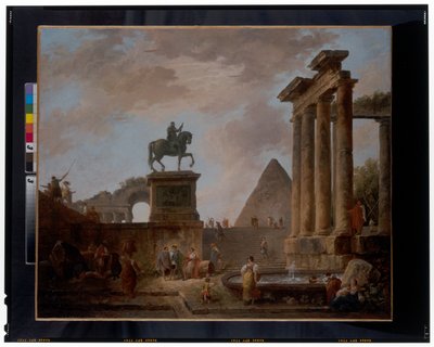A Capriccio with Troubadours and Washer Women by a Basin Among Roman Ruins, a Pyramid Beyond by Hubert Robert