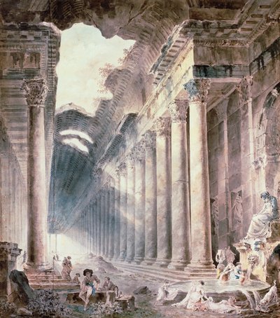 A Colonnaded Thermal Building with Girls Washing Clothes by Hubert Robert