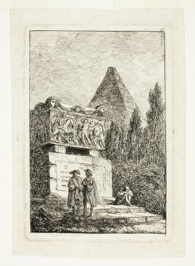 Landscape with Pyramid and Sarcophagus, plate six from Les Soirées de Rome by Hubert Robert
