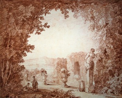 View of a garden with statuary by Hubert Robert