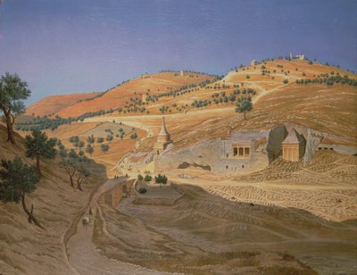 A Hilly Landscape with Arabs and a Ruined Temple by Hubert Sattler
