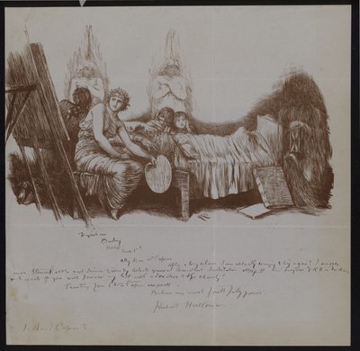 Scene of a death bed with children and allegorical figures including an artist with easel by Hubert von Herkomer