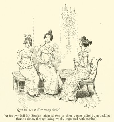 At His Own Ball Mr. Bingley Offended Two or Three Young Ladies by Not Asking Them to Dance, Through Being Wholly Engrossed with Another (engraving) by Hugh Thomson