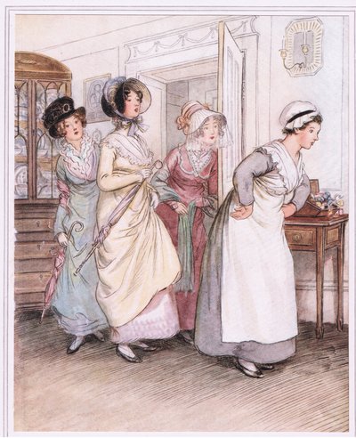 Patty ushers in the sisters, Willoughby and Miss Henrietta by Hugh Thomson