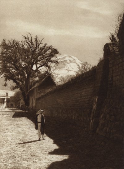 Mexico: Street in Amecameca with view of Popocatepetl by Hugo Brehme