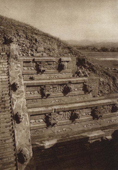 Mexico: San Juan Teotihuacan, Stone sculptures on the western facade of the pyramid of Quetzalcoatl, pyramid at the center of the Citadel by Hugo Brehme