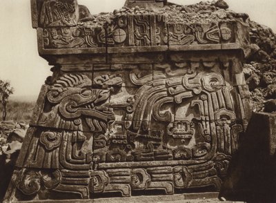 Mexico: Xochicalco, Part of the pyramid with serpent and hieroglyphs by Hugo Brehme