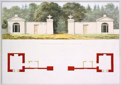 Elevation and ground plans of proposed new entrance gateway and lodges, from the Red Book for Antony House, c.1812 by Humphry Repton