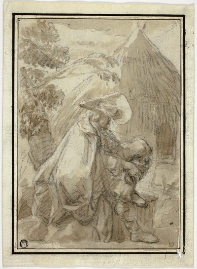 Seated Man in Mantle by Thatched Hut by III Follower of Herman Saftleven