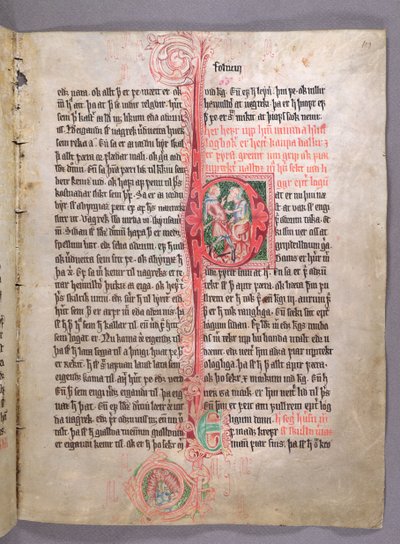 Historiated initial P depicting two tradesmen, from the beginning of the section on trade, from Skarosbok (The Book of Skard), c.1350 by Icelandic School