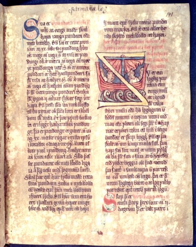 Historiated initial from the beginning of a chapter on seafaring and trade, copy of an original 14th century law collection Jonsbok by Icelandic School