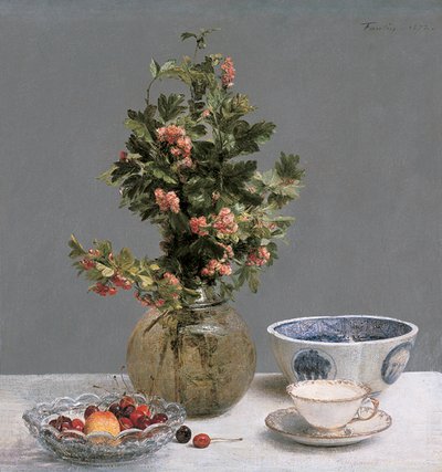 Still Life with Vase of Hawthorn, Bowl of Cherries, Japanese Bowl, and Cup and Saucer by Ignace Henri Jean Fantin Latour