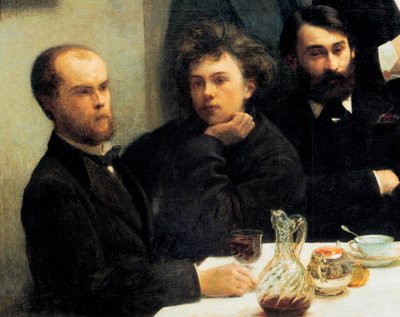 Table corner: from left to right: Paul Verlaine, Arthur Rimbaud, Elzear Bonnier. (Painting, 19th century) by Ignace Henri Jean Fantin Latour