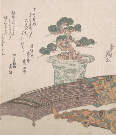 Potted Pine Tree and Koto Japanese Harp by Ikeda Eisen