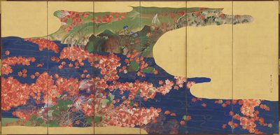 Maple leaves on a stream, six-panel screen, Edo Period, 1856-58 by Ikeda Koson