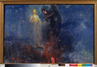 Get thee Hence, Satan! (Jesus Christ repelling the devil, in a nocturnal landscape). by Ilya Efimovich Repin