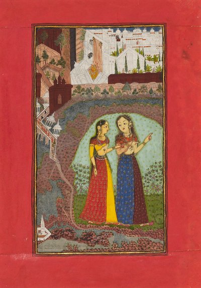 Two ladies in a landscape with palace by Incha Ram