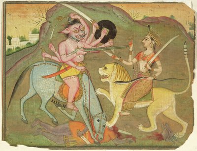 Durga in combat with Mahishasura, from the folio of 