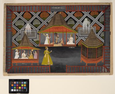 A Nawab and his sons in a garden pavilion by Indian School