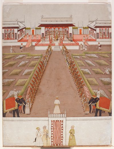 A Nawab Holding Court Within a Pavilion, Beyond an Avenue of Retainers and Two Elephants by Indian School