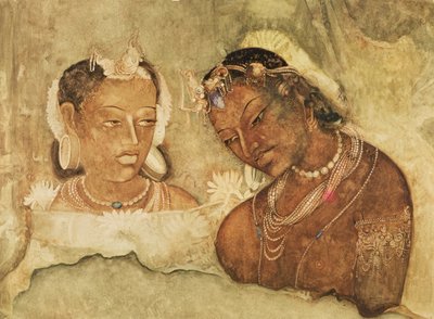 A Princess and her Servant, copy of a fresco from the Ajanta Caves, India by Indian School