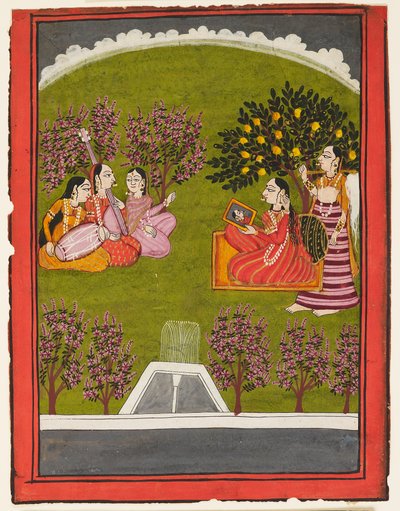 A Lady Seated with a Mirror in a Garden, with a Maid and Three Musicians, c.1909 by Indian School