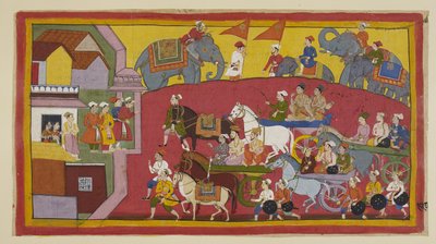The chariots of Vasistha and the princes, attended by various ministers and people, enter the town of Nandigrama by Indian School