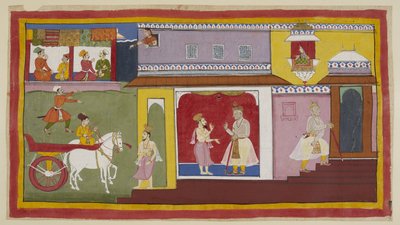 Vasistha Returns to the Palace and Tells Dasaratha That All is Prepared for the Ceremony. Dasaratha Withdraws to an Inner Chamber of the Palace. Above, Kaikeyi