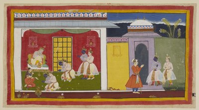 Rama and Laksmana on the right, with Rama now changed into contemporary court costume, approach the gate of Kaikeyi